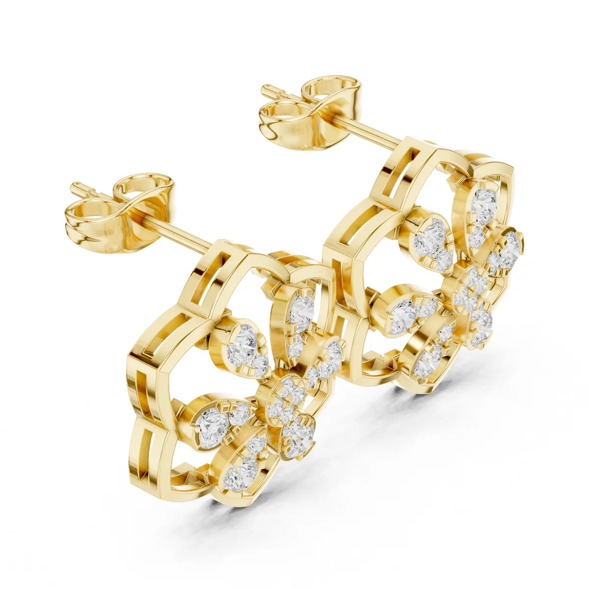 Geometric Floral Diamond Drop Earrings in yellow gold