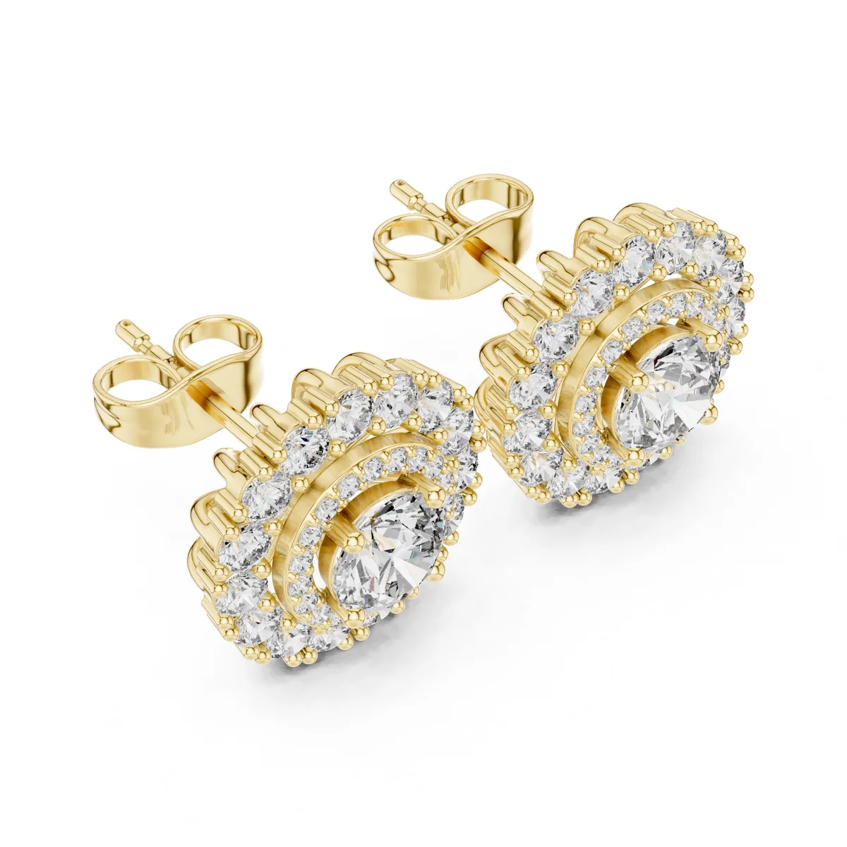 Double Halo Diamond Stud Earrings in yellow gold