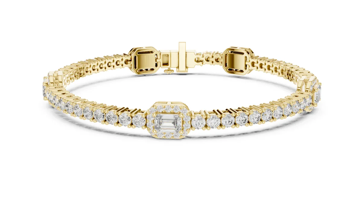 Emerald Cut Accent Tennis Bracelet Lab Grown Diamond in yellow gold