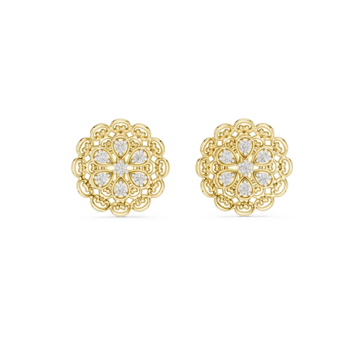 Filigree Flower Stud Lab Grown Diamond Earrings in yellow gold
