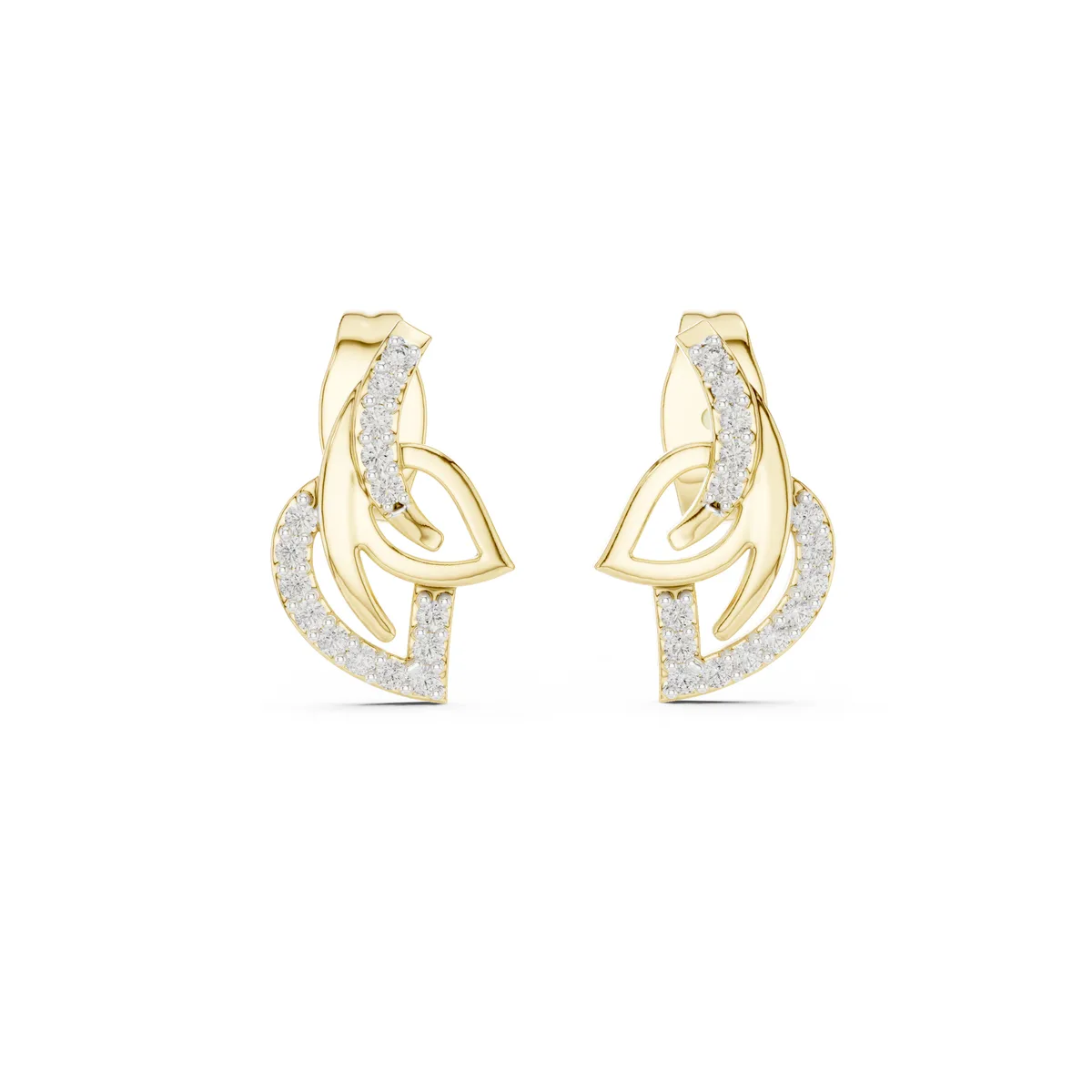Swirl Leaf Pave Stud Lab Grown Diamond Earrings in yellow gold
