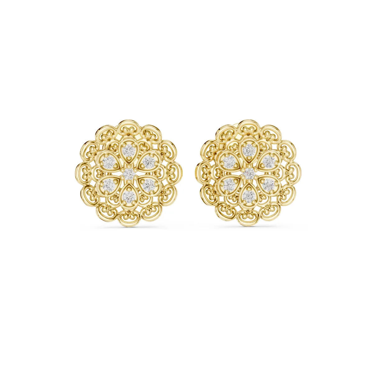 Vintage Filigree Cluster Stud Lab Grown Diamond Earrings in yellow gold