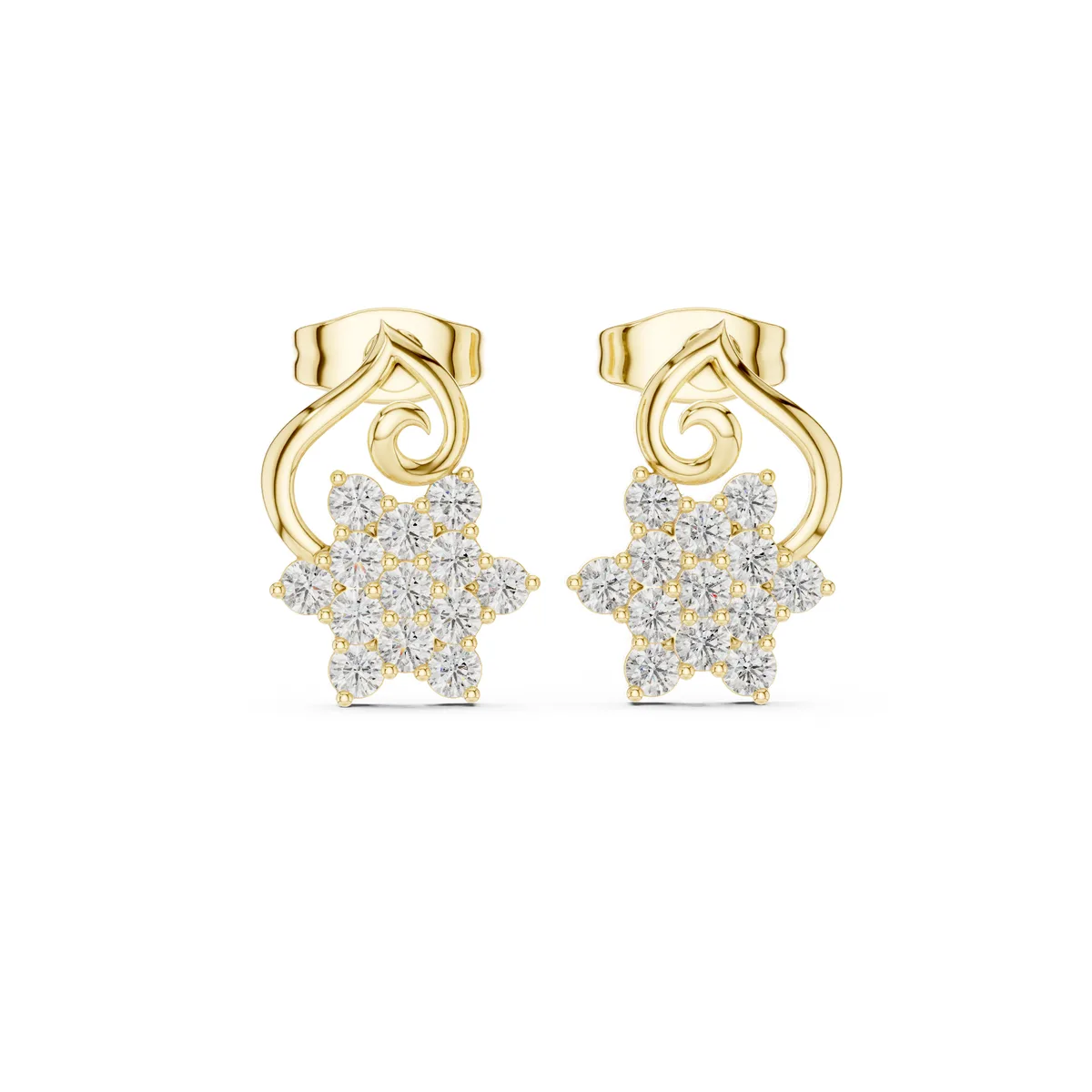 Swirl Flower Cluster Stud Lab Grown Diamond Earrings in yellow gold