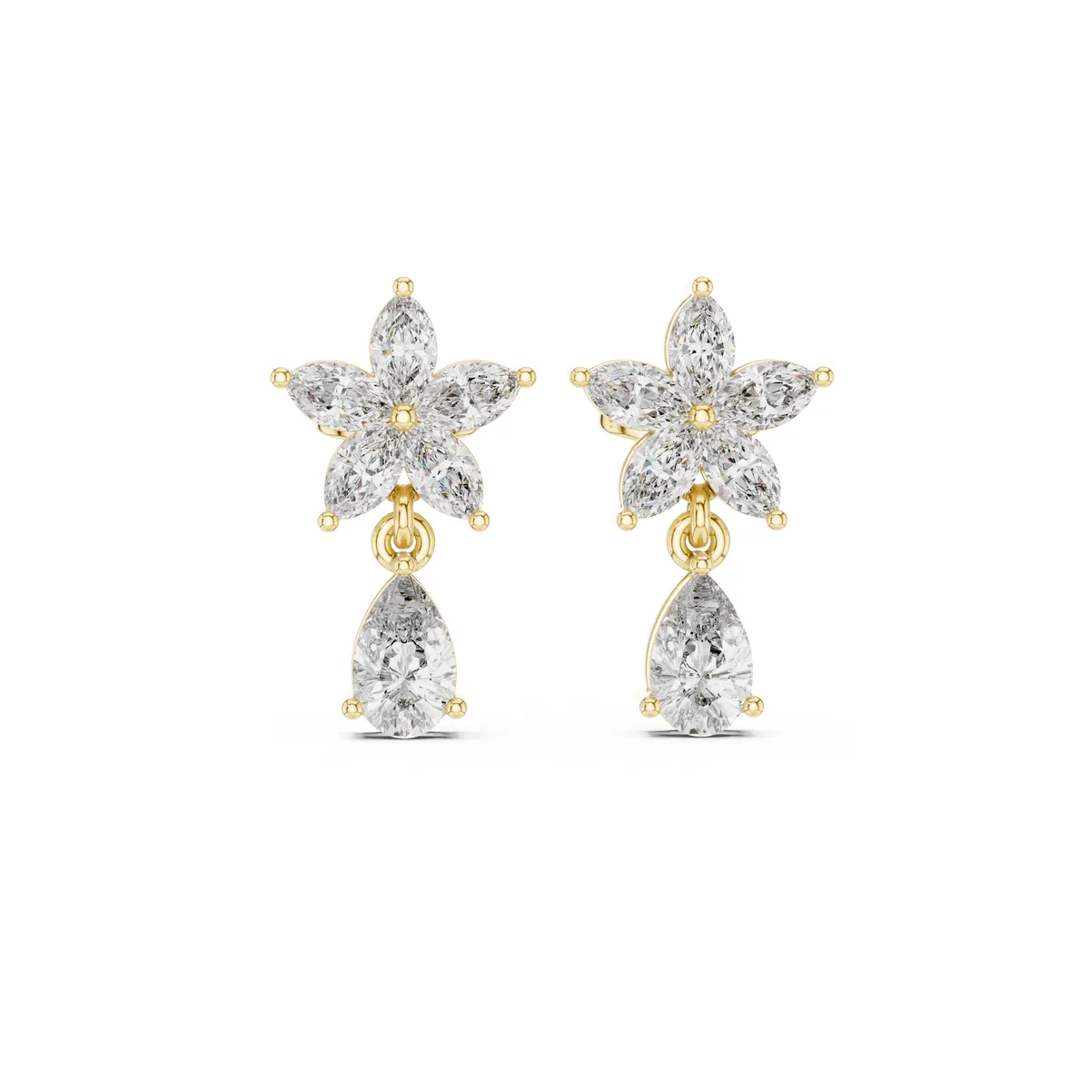 Marquise Flower Drop Stud Lab Grown Diamond Earrings in yellow gold