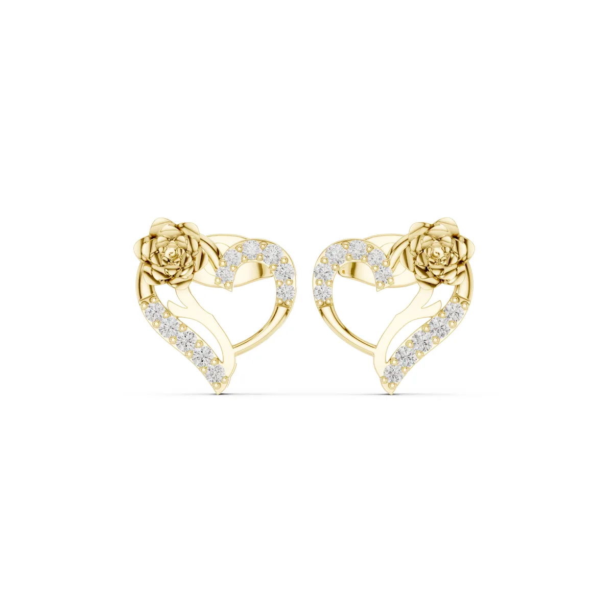 Rosette Heart Pave Stud Lab Grown Diamond Earrings in yellow gold