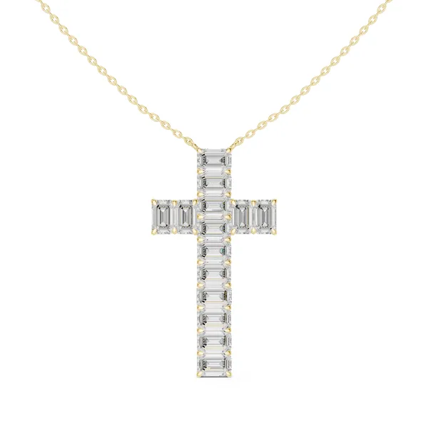 Baguette Cross Pendant Lab Grown Diamond in yellow gold