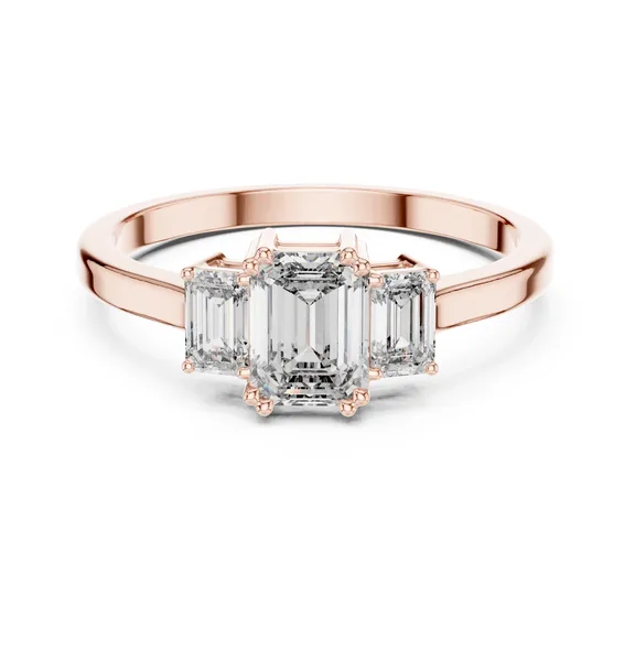 1.02 Ct Emerald Cut Lab Grown Diamond Three Stone Engagement Ring in rose gold