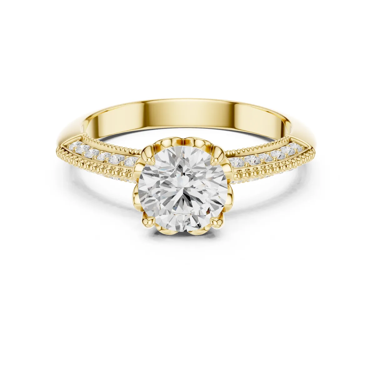 1.20 Ct Round Lab Grown Diamond Lotus Solitaire Engagement Ring in yellow gold