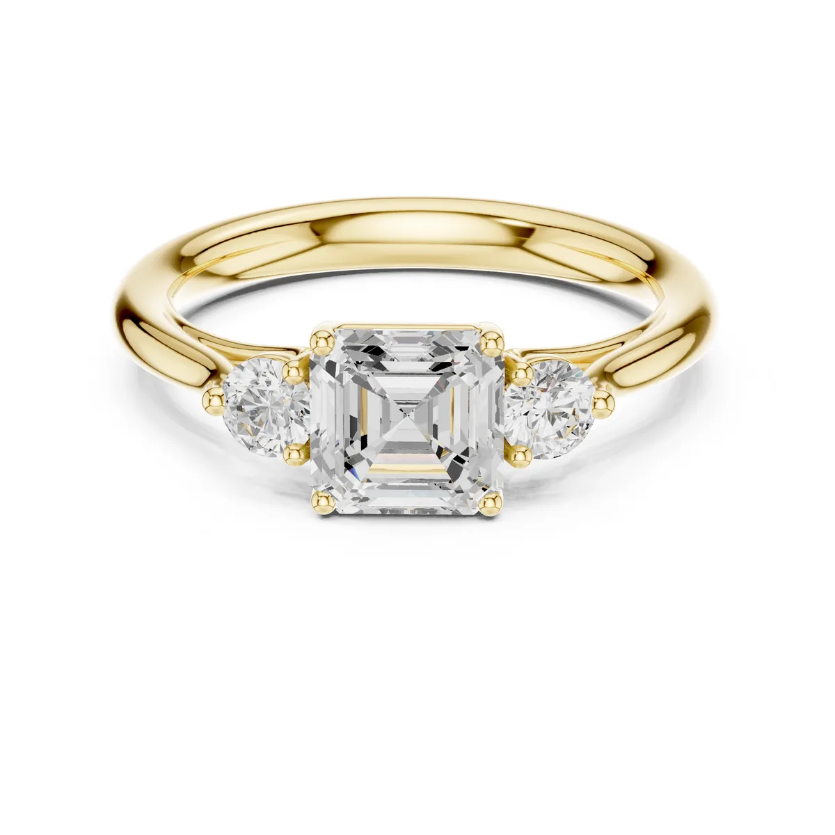 1.32 Ct Asscher Cut Lab Grown Diamond Three Stone Engagement Ring in yellow gold